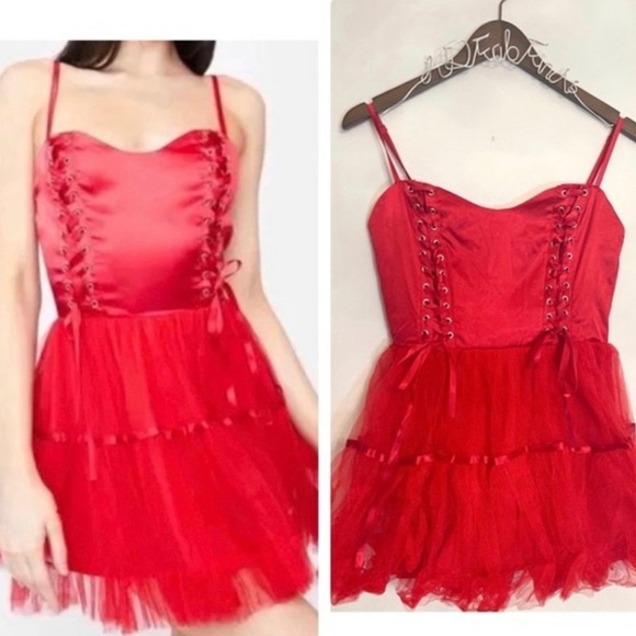 Dolls Kill Cherry Ooh La La Lace Up Mini Dress - Picture 2 of 6